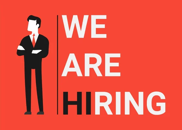 HR Manager Standing Near: We are hiring, Red Background — стоковый вектор