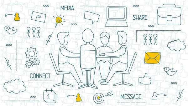Social Media Illustration mit Menschen und Internet-Ikonen, weißer Hintergrund — Stockvektor