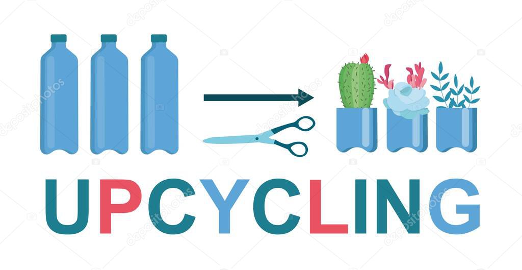 Word UPCYCLING and plastic bottles turning into pots for houseplants over white background, vector illustration