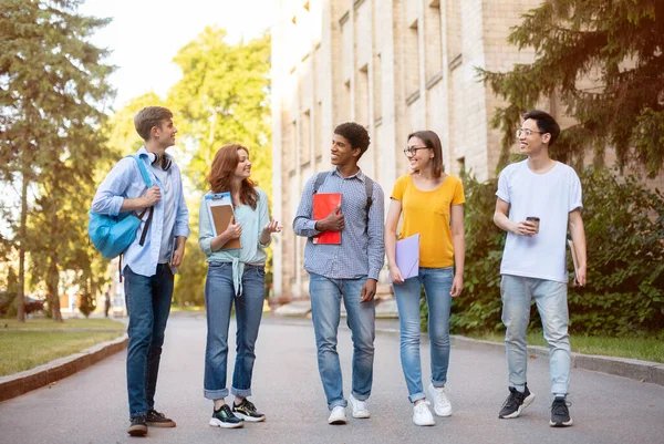 Grupa różnorodnych kursantów mówi o studiach uniwersyteckich Walking Outdoor — Zdjęcie stockowe