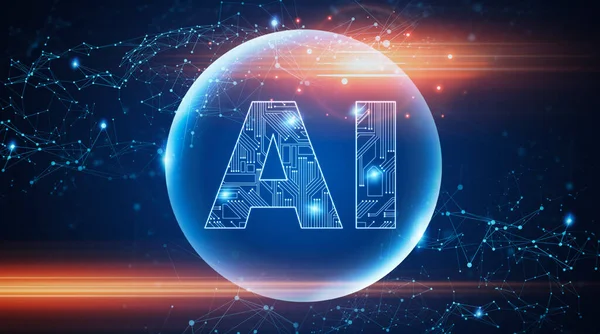 Inteligencia artificial. Logotipo creativo de AI en el estilo de circuito sobre fondo de conexiones poligonales —  Fotos de Stock