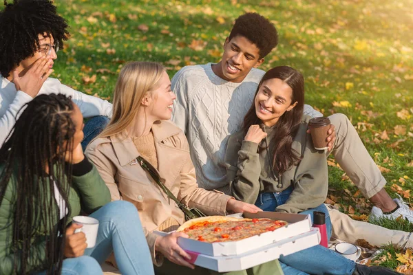Grupo de adolescentes fazendo piquenique no parque público — Fotografia de Stock