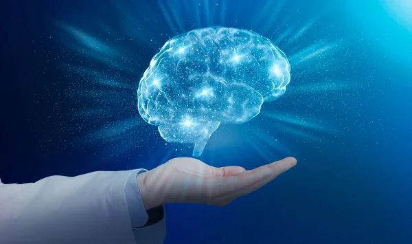 Männliche Ärzte halten menschliches Gehirn auf offener Handfläche — Stockfoto
