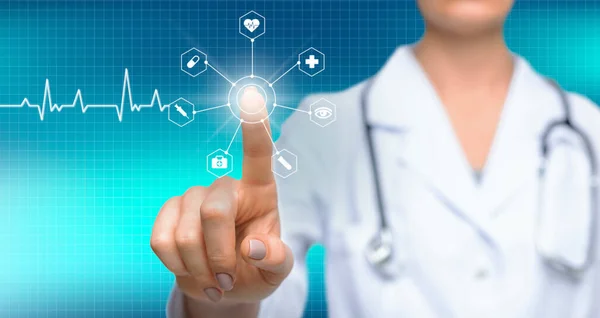 Tecnología médica. Médicos mujeres mano tocando la pantalla virtual con los iconos de atención médica — Foto de Stock