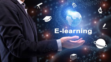 E-Öğrenme Kolajı, Sanal Dünya 'yı Siyah Arkaplan Üzerinde Tutan İşadamı