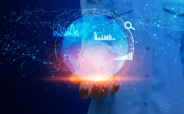 Global Business Technologies. Female Holding Globe Hologram With Polygonal Connections And Charts — Stock Photo, Image