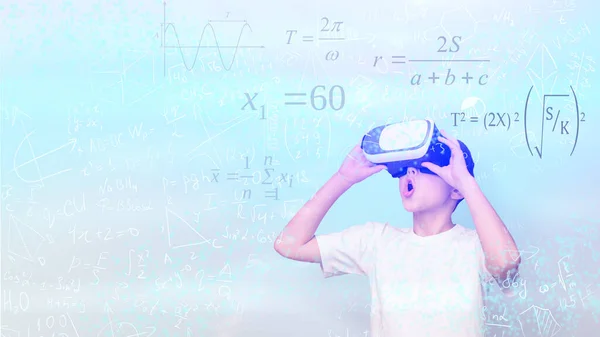 Schoolboy Wearing Virtual Reality Glasses Standing Over Blue Background, Collage