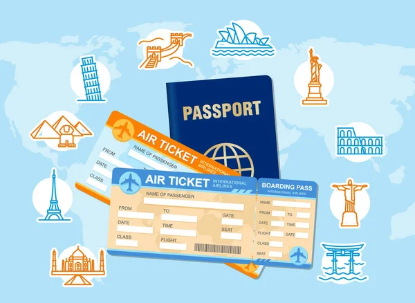 Airplane tickets and passport with famous places icons — Stock Vector