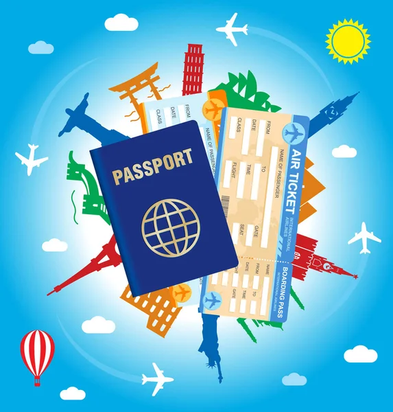 Passport and flight ticket over globe with famous sighseeing icons — Stock Vector