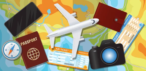 Tourisme et avion sur fond de carte — Image vectorielle