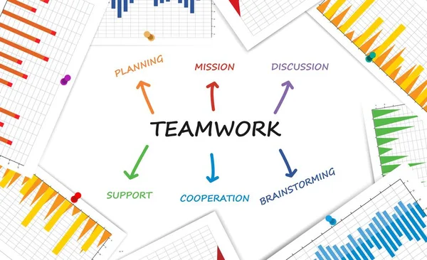 Teamwork Illustratie Met Woorden en Statistieken Grafieken Over Witte Achtergrond — Stockvector
