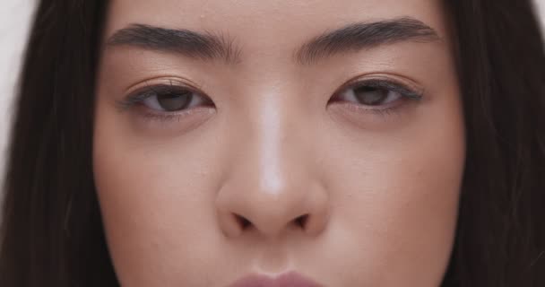 Primer plano retrato de joven asiático mujer mirando a cámara — Vídeo de stock