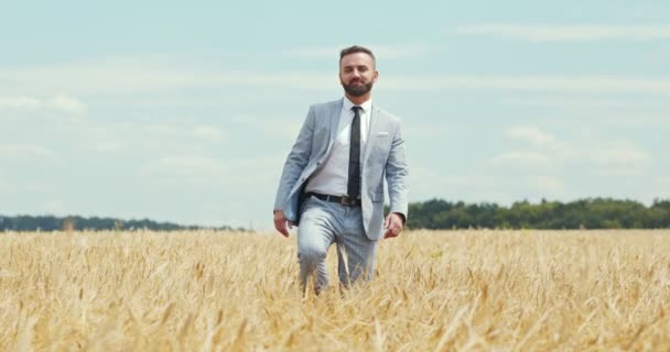 Confiado hombre de negocios caucásico caminando a través del campo de trigo y sonriendo, cámara lenta — Vídeos de Stock