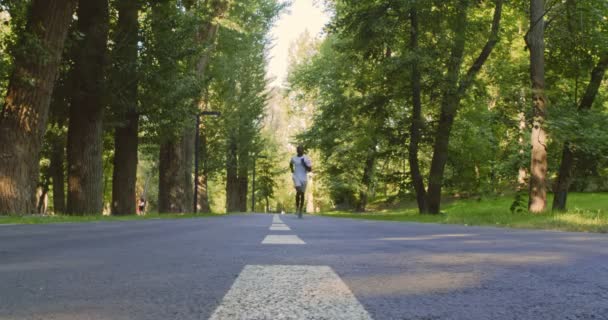 Νεαρός Αφροαμερικάνος που τρέχει μόνος στο μονοπάτι του αθλητισμού στο αστικό πάρκο, αργή κίνηση — Αρχείο Βίντεο