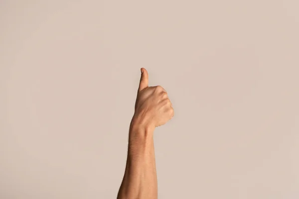 Vista ritagliata di giovane ragazzo che mostra il pollice verso l'alto gesto, esprimendo approvazione su sfondo chiaro — Foto Stock