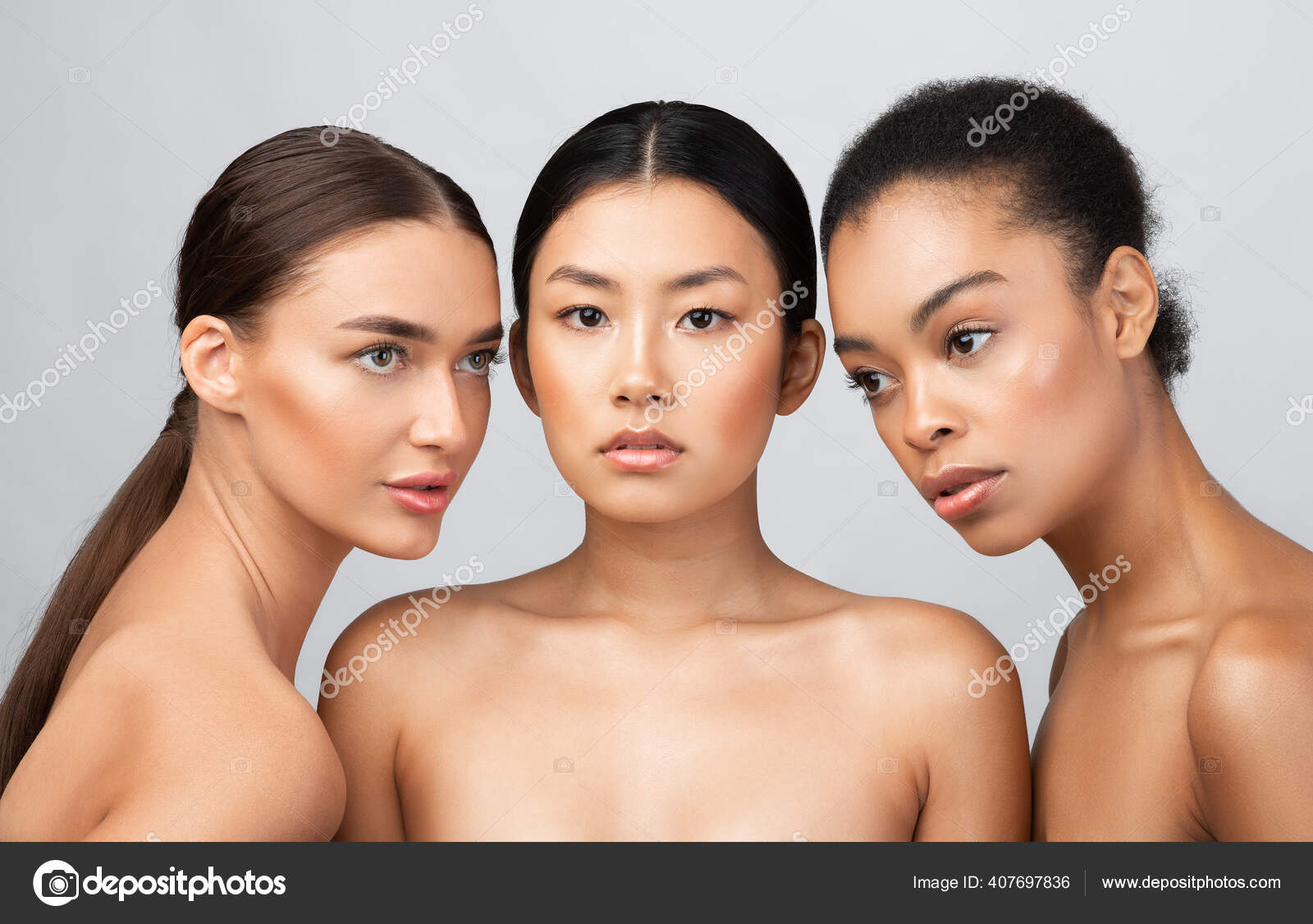 Three Naked Women Models Standing Shirtless Posing In Studio Stock