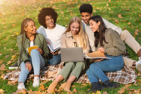 Nemzetközi vidám diákok tanulnak a nyilvános parkban — Stock Fotó