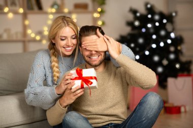 Güzel bir kadın Noel hediyesiyle kocasına sürpriz yapıyor.