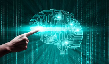 İkili Kod Üzerinde Çevre Biçiminde Dijital Beyne Dokunan İnsan Elleri
