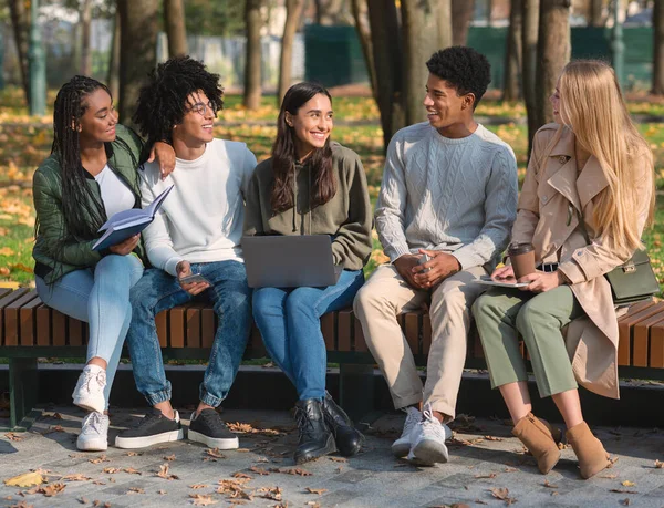 Grupo de estudantes discutindo projeto, sentado no parque — Fotografia de Stock