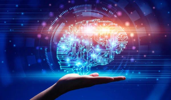 Tecnologias modernas e IA. Mão demonstrando holograma digital do cérebro no estilo do circuito — Fotografia de Stock