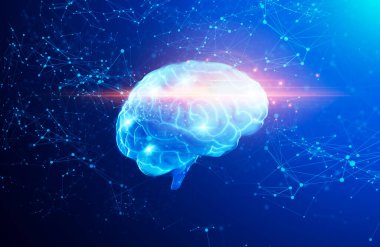 Çokgen Bağlantılı Soyut Arkaplan Üzerinde İnsan Beyni Hologramının 3 boyutlu çizimi
