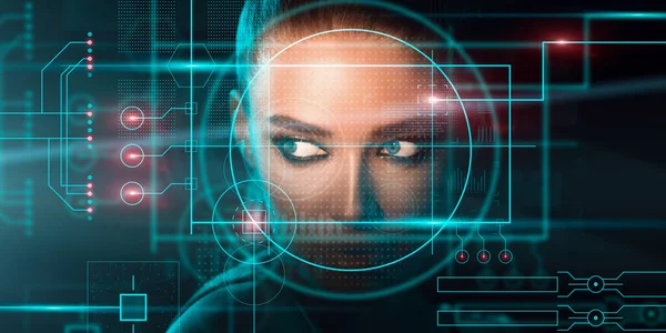Arcfelismerő koncepció. Számítógépes rendszer szkennelés arc gyönyörű női, kreatív kollázs — Stock Fotó