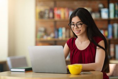 Gülümseyen Asyalı Öğrenci Kafe 'de Laptop ile Sınava Hazırlanıyor, İnternette Çalışıyor