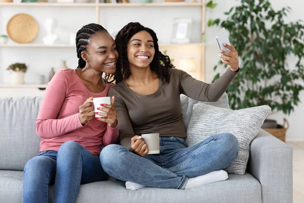 Glückliche schwarze Mädchen besties Selfie zusammen zu Hause — Stockfoto