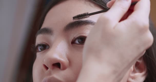 Azji dziewczyna otrzymywać brwi twarzy w profesjonalnym salonie piękności — Wideo stockowe