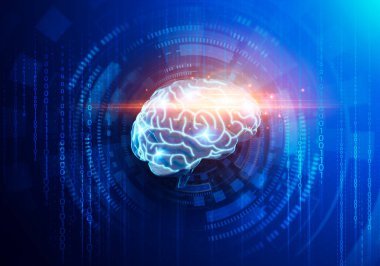 Ai Kavramı. İkili Kod Arkaplanı Üzerine Eldiven İnsan Beyninin Üç Boyutlu Çizimi