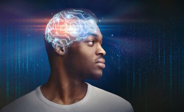 Yapay Zeka. Dijital Beyin Hologramı, Yaratıcı Kolajı olan Afro-Amerikan Erkek Profili