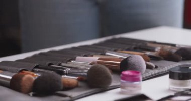 Profesyonel makyaj sanatçısı setten doğru makyaj fırçasını seçiyor