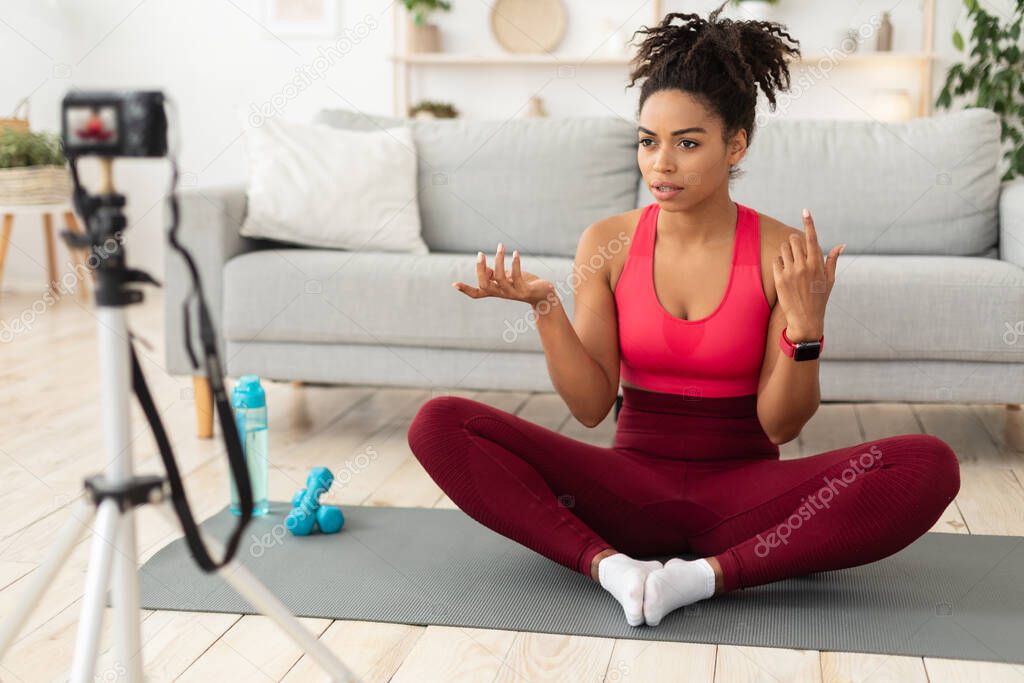 African American Blogger Girl Making Workout Video At Home