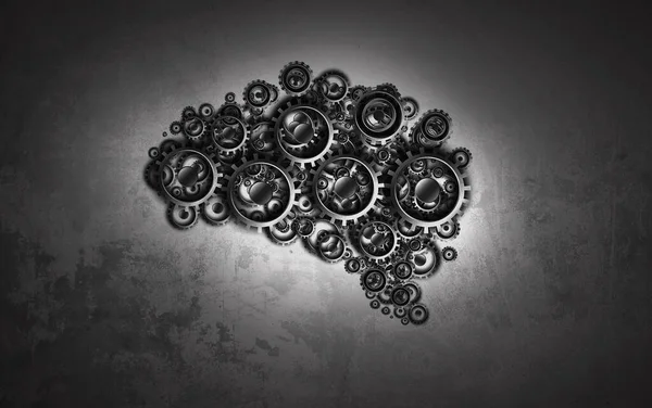 회색 배경 위에서 일하는 뇌의 모양을 이루는 금속 기어 — 스톡 사진