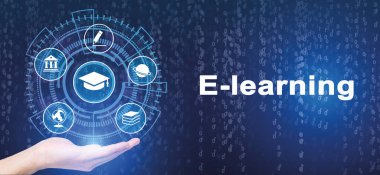 E-Öğrenme Eğitimi Kolajı, Erkek El Tutma Sanal Düğmeleri, Mavi Arkaplan