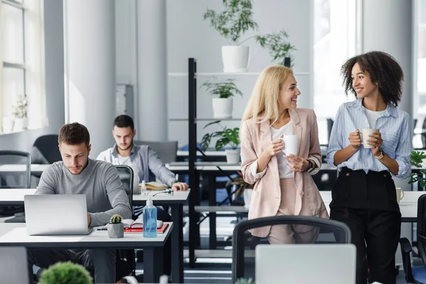 Chismes y café en el trabajo. Mujeres europeas y afroamericanas con copas sonríen y hablan en el interior de la oficina con colegas en lugares de trabajo con computadoras portátiles y antisépticos — Foto de Stock