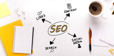 Seo Kelimesi ile İyimser Kolaj Ve Beyaz Arkaplan Üzerinde Entrika