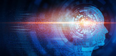 Mavi Arkaplan Üzerinde Dijital Beyni Olan İnsan Başı, Yapay Zeka Kolajı