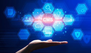 Erkek elinin üstünde CMS piktogramları, kolaj. İçerik yönetim sistemi, sosyal medya yönetimi, web sayfası optimizasyonu