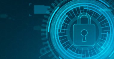 Güvenlik kavramı, mavi dijital arkaplanda kapalı asma kilit