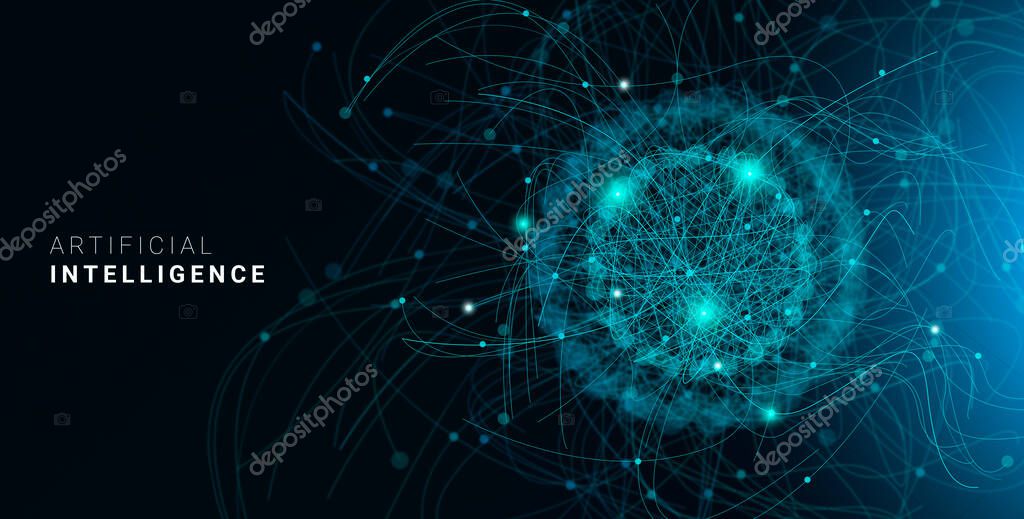 Deep Learning. Artificial Intelligence Futuristic Background With Neural Lines And Dots Connected In Sphere, Creative Illustration For Modern Technologies Concept, Abstract Design, Panorama