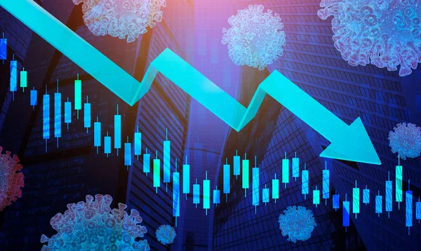 Coronacrisis Collage, Minskande Pil och ekonomiska data diagram, Blå bakgrund — Stockfoto