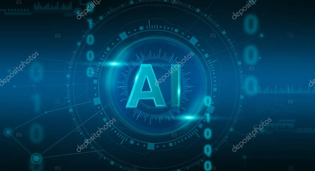 Machine Learning. Abstract Futuristic Illustration Of Artificial Intelligence AI Logo Over Digital Interface Algorithm Circle Background And Fading Binary Code Digits, Panorama, Creative Banner