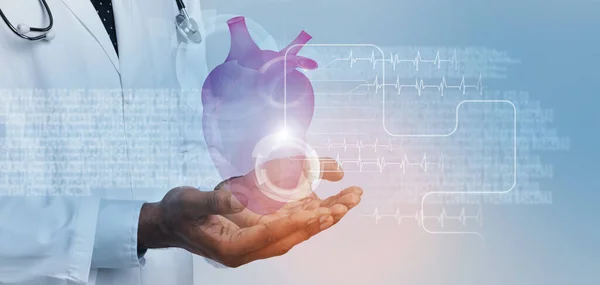 Obat futuristik dan teknologi kardiologi masa depan. Dokter bermantel putih memegang jantung dengan hologram perawatan kesehatan — Stok Foto