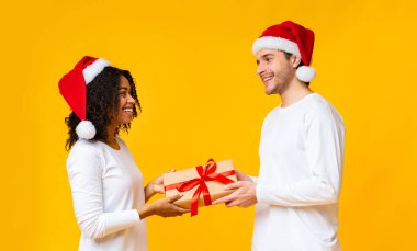 Noel Şapkalı Çok Irklı Romantik Çift Hediye Takası