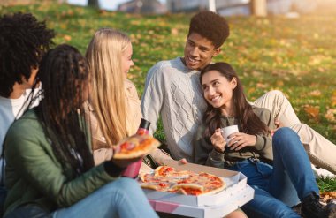 Bir grup çok ırklı arkadaş halk parkında eğleniyor