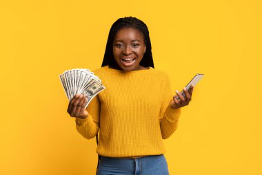 Nakit Kavramı. Akıllı Telefon ve Dolar Parası Tutan Heyecanlı Genç Kadın, Büyük Para İkramiyesi Aldı, Sevinçle Övündü, Başarıyı Kutladı, Kopya Boşluğu ile Sarı Arkaplanda İzole Edildi,