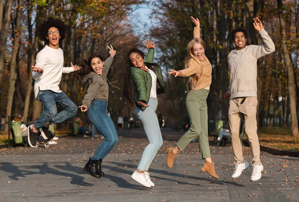 Locos jóvenes amigos saltando, divertirse en el parque —  Fotos de Stock