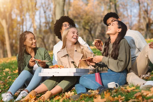 Веселые друзья наслаждаются временем вместе в парке, едят пиццу — стоковое фото